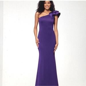 Y2K Betsy Adam Purple One Shoulder Mermaid Prom Dress Ruffle Trim Bow Shoulder 4
